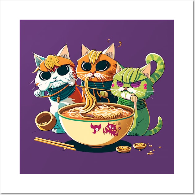 Cats eating ramen in Mardi gras Festival Wall Art by RetroZin